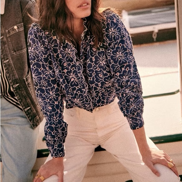 SEZANE Navy Blue White Eyelet Embroidered Floral Button Down Mathilda Blouse Top - Picture 12 of 12